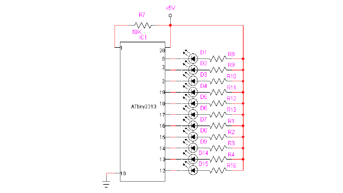 Multipattern Running light using ATtiny2313 microcontroller