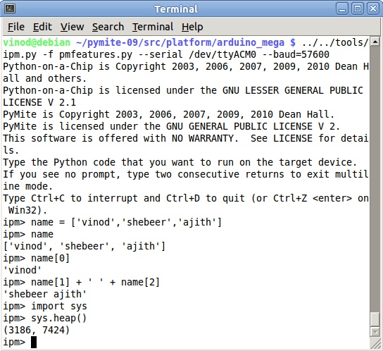 Running PYTHON (pymite-09) on an Arduino MEGA 2560 using atmega16 ...