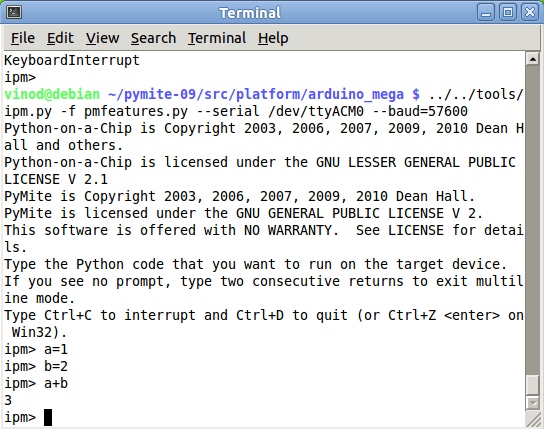 Python (Pymite-09) on Arduino MEGA 2560 with Atmega16 MCU