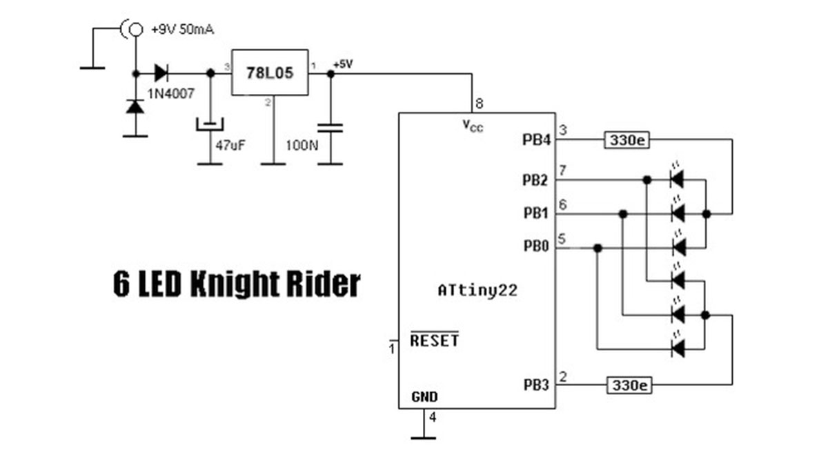 6 LED Knight Rider using ATtiny22 microcontroller