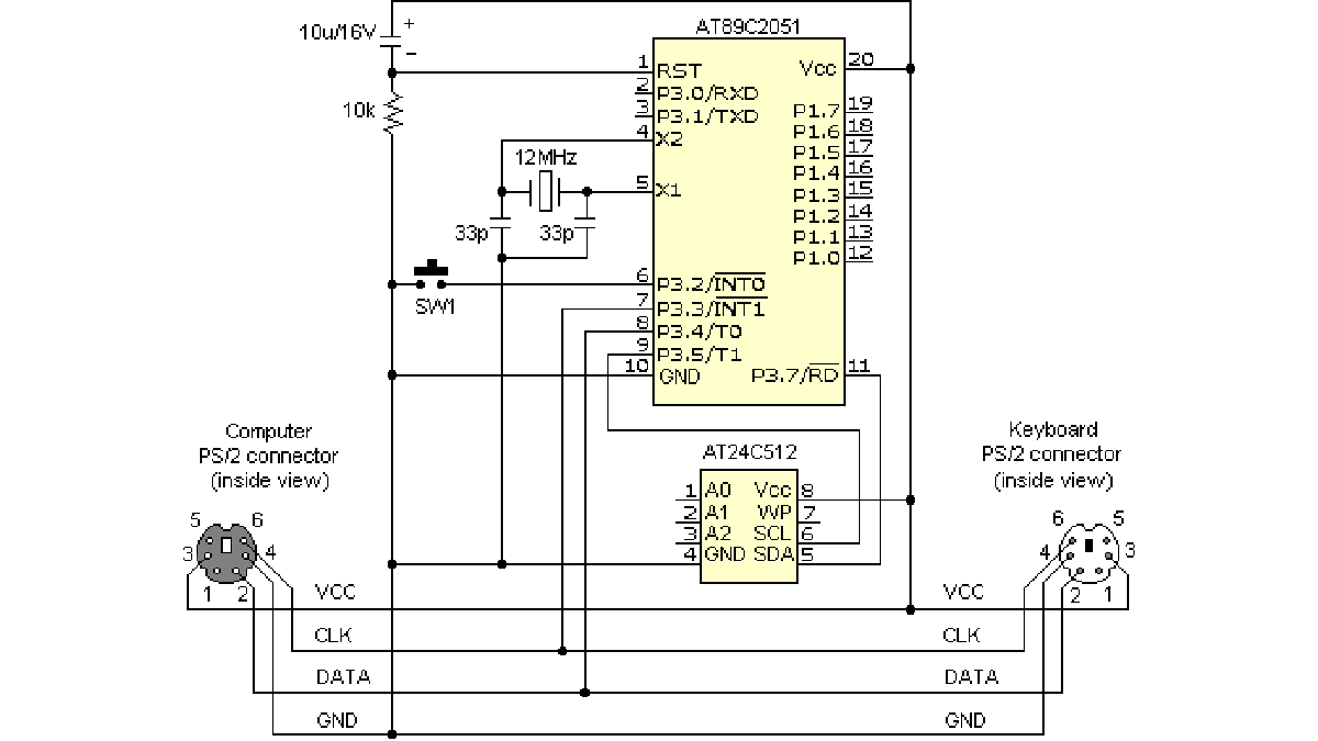 Atmel AT89C2051 hardware keylogers circuit with using AT89C2051 microcontroller