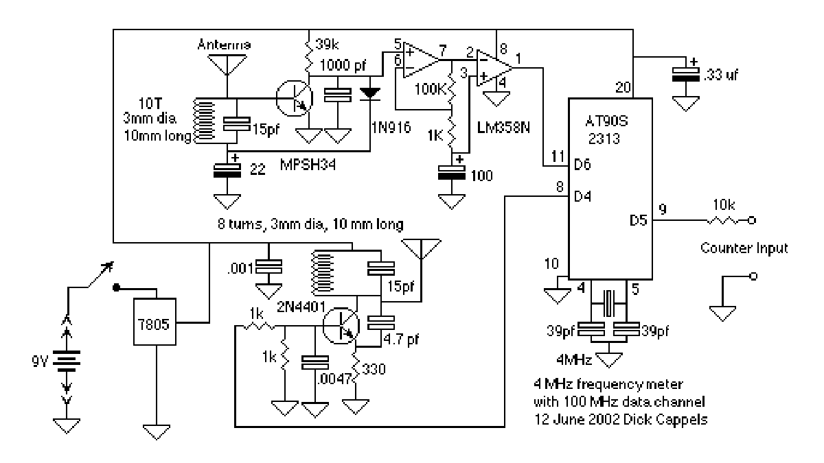 Frequency Meter with 100 MHz RF desktop channel using ATtiny2313 microcontroller