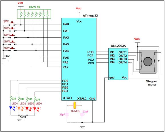 Speed and Direction Control of Stepper Motor using AVR Microcontroller schematic