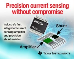 Current-sense amp integrates precision shunt resistor, in single package