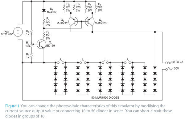 Circuit implements photovoltaic-module simulator