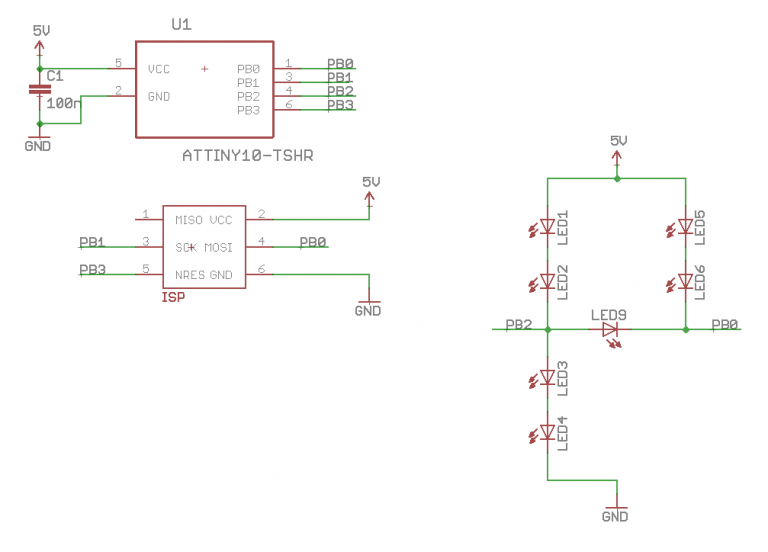 Schematic DICE10 – A miniaturized electronic die based on ATtiny10