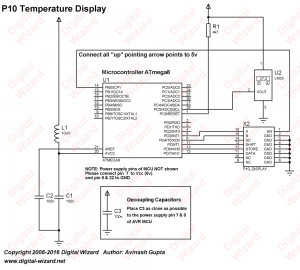 Schematic LED Dot Matrix Room Temperature Display using P10 and ATmega8