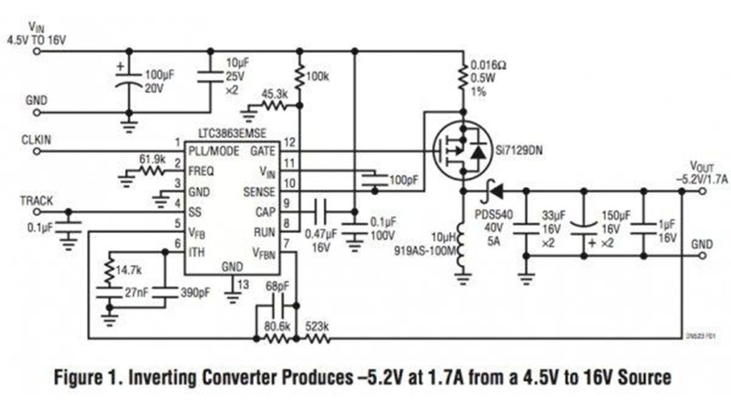 Inverting DC DC controller converts a positive input to a negative output with a single inductor