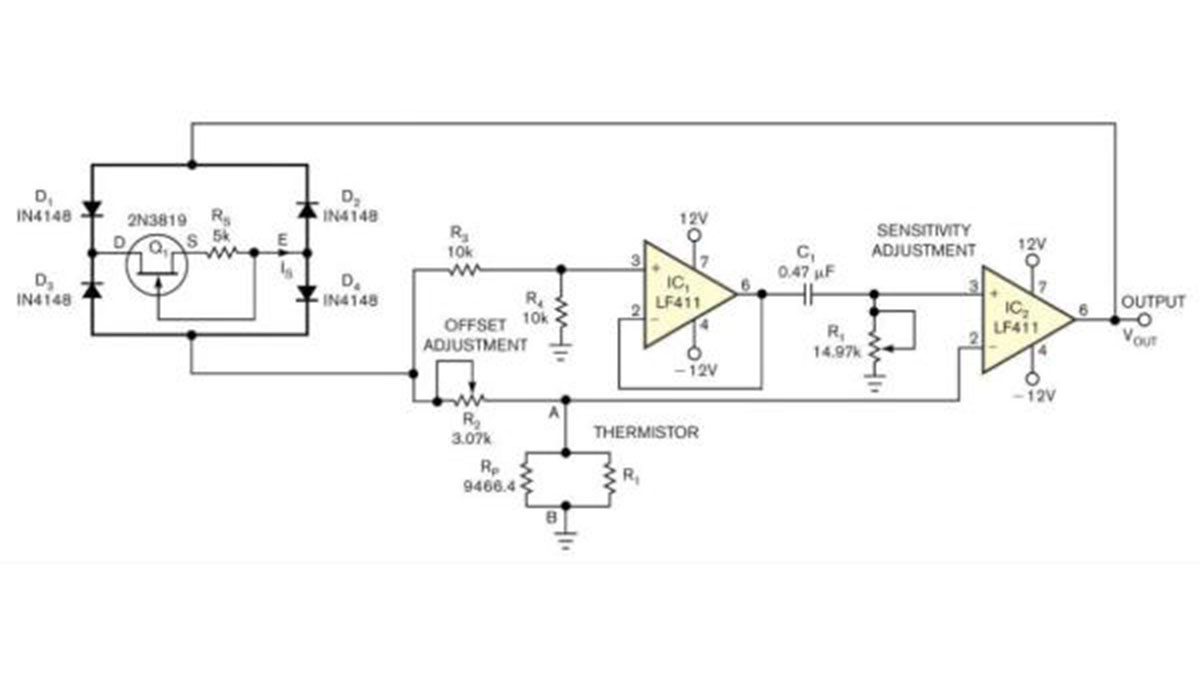 Temperature-to-period circuit provides linearization of thermistor response