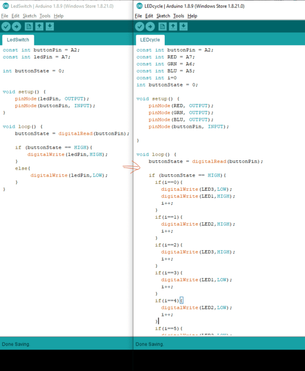 The code I wrote in week 5 (onthe left) and the code I made for this type of blinking.