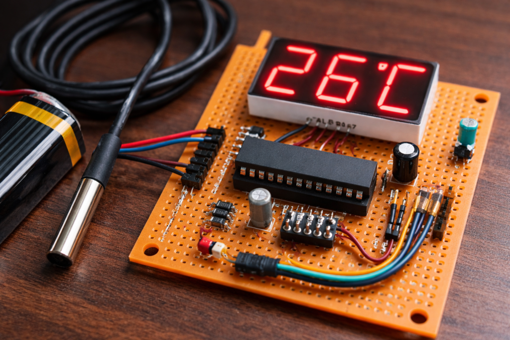 ATmega16 DS18B20 temperature display prototype setup