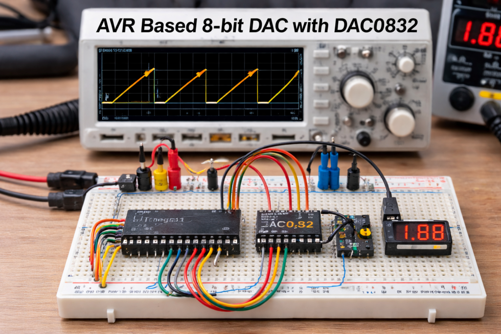 AVR DAC0832 breadboard generating analog waveform output